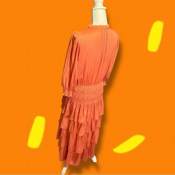 NWT Maje Orange ‘Radjinette’ Tiered Ruffle Satin Midi Dress French Size 42 = XL - Picture 9 of 16